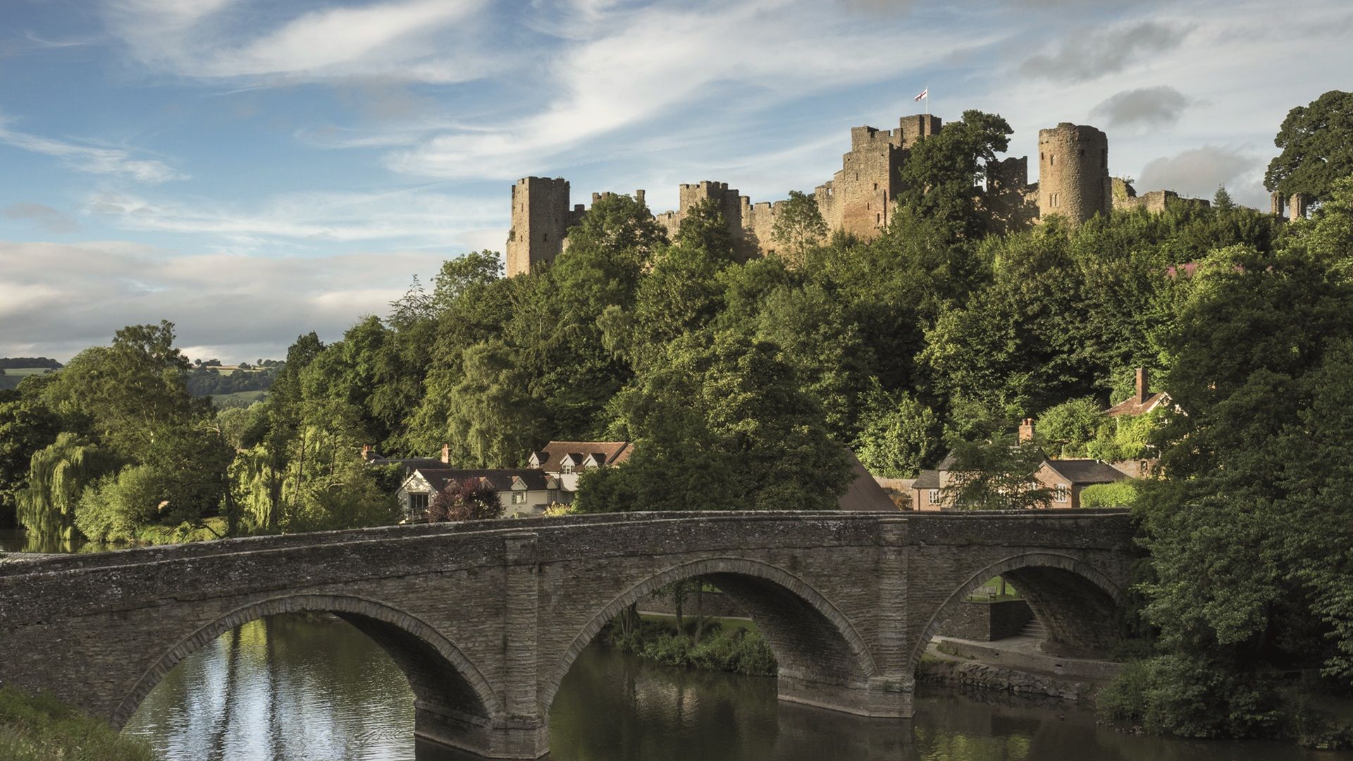 Panoramic view of the medieval stone ruins of Ludlow Castle in Shropshire, England