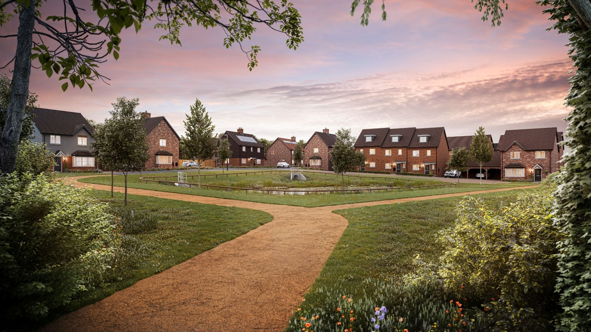 CGI of premium new-build homes in Brentwood planned for the development, arranged around a landscaped central green with pathways and planting, offering an attractive setting for future residents.
