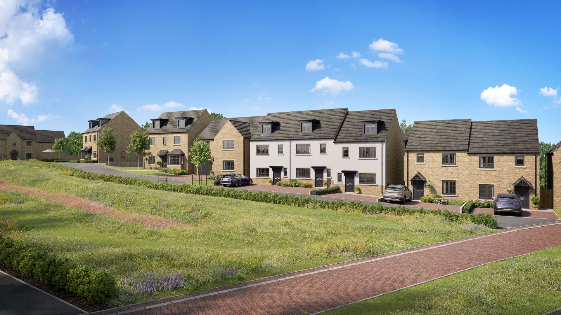 CGI street scene image showcasing the external elevations of a range of homes
