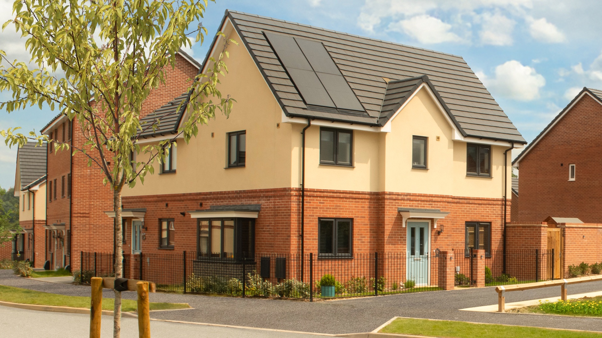 Chelmsford house type at Crest Nicholson Malabar – contemporary semi-detached brick and render home on a corner plot overlooking green open space.