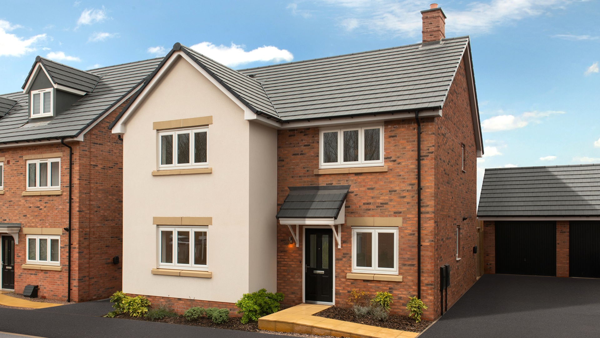 The Dartford house type at Sketchley Gardens, a contemporary detached brick and render home with landscaped frontage and private driveway and garage.