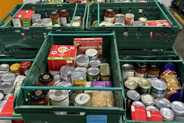 Trays of food within foodbank warehouse